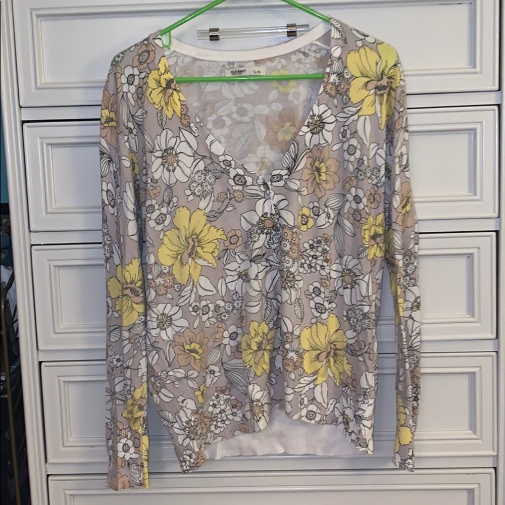 Beige and Yellow Floral Print Button Up Cardigan